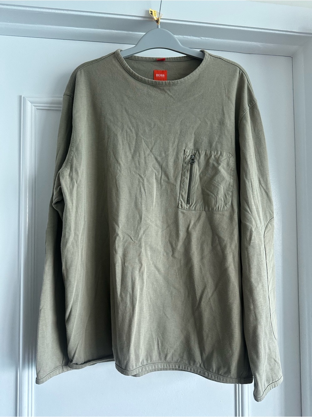 Hugo Boss Olive Green Long Sleeve Crewneck with Zip Chest Pocket